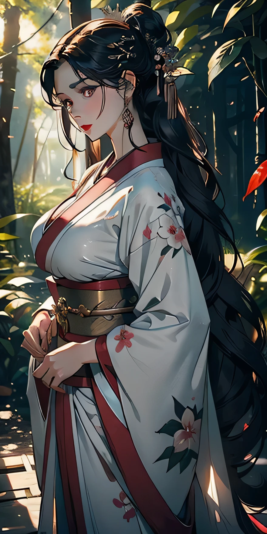 (Perfect Anatomy)、Mastepiece、Ultra High Quality、 8K、masterpiece、Highest quality、Ultra-high resolution、Maximum resolution、Very detailed、Professional Lighting、anime、Adult female、thin、so beautiful、Highly detailed eye、Highly detailed face、Golden earrings、Black Hair,、Pink eyes、Kimono with a beautiful pattern、Gorgeous kimono、kimono、Holding a Japanese umbrella、grassland, Braiding、Straight bangs, full body, seiza