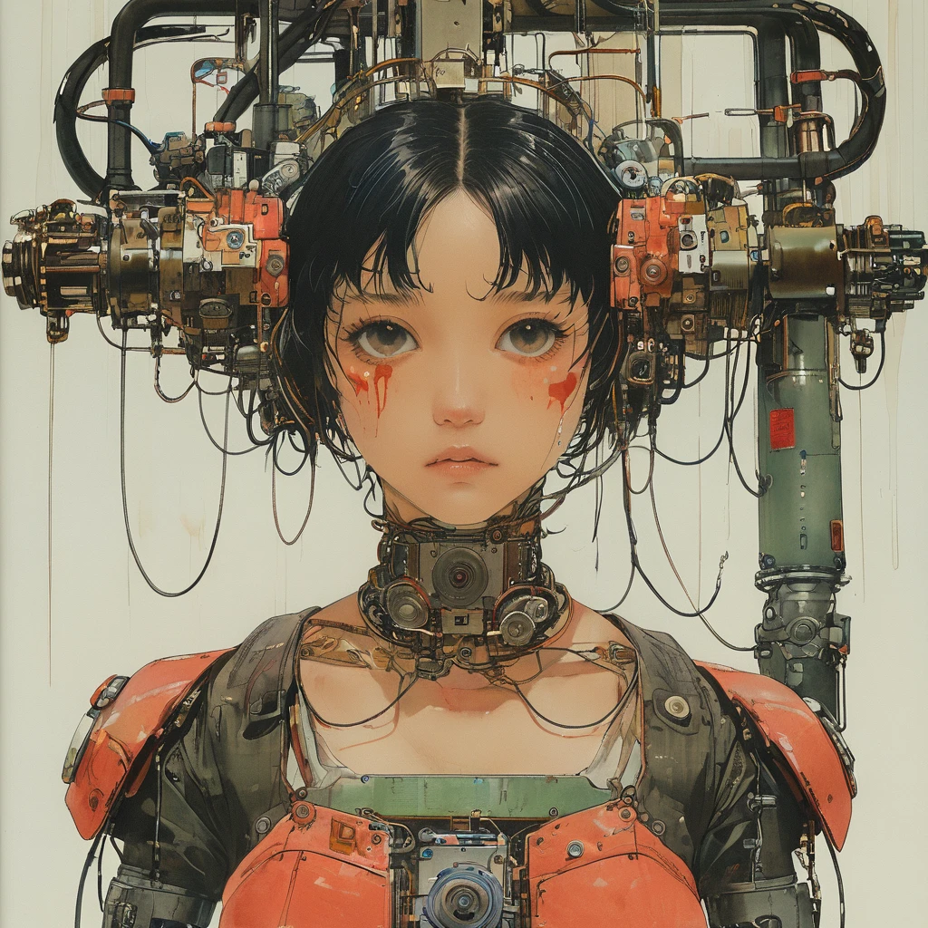 (((masterpiece))), (((best quality))), ((ultra-detailed)), (highly detailed CG illustration), ((an extremely delicate and beautiful)),(cute delicate face),cinematic light,((1mechanical girl)),solo,full body,(machine made joints:1.4),((machanical limbs)),(explosed muscles),(blood vessels connected to tubes),(a brain in container:1.3),((mechanical vertebra attaching to back)),((mechanical cervial attaching to neck)),((sitting)),expressionless,(wires and cables attaching to head and body:1.5),small breasts,short hair,(character focus),science fiction