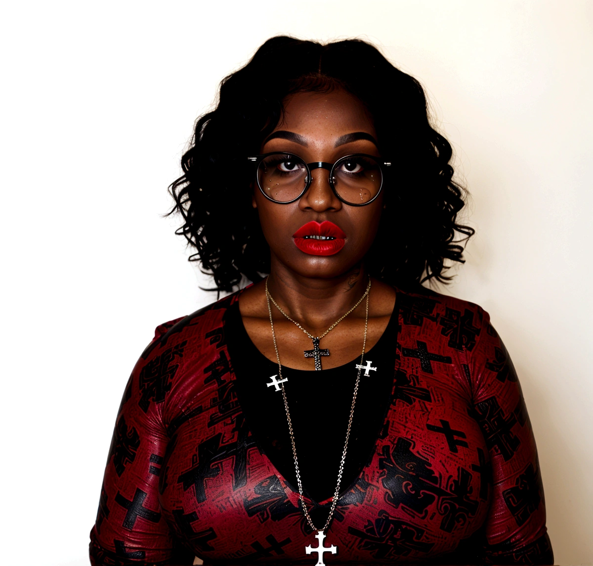 20 year old black woman ((with extreme and bulging cleavage:1.4)),((she is wearing heavy makeup,glasses, bright red lipstick, a large cross pendant,clergy collar,and tattoos)), ((she has an extreme case of ((she has an extreme case of gigantomastia,hanging,inflated, and saggy,larger-than-life breasts, macromastia, and breast hypertrophy:1.4))