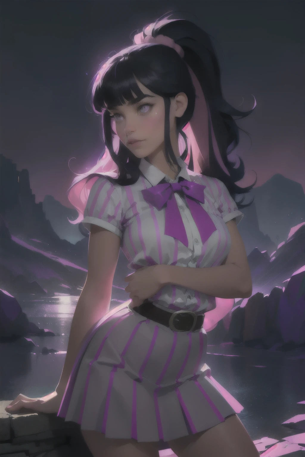 (mlptwilight:1.2), (pink skin), (long hair, ponytail, straight hair, black hair with purple and pink strips, bangs:1.0), striped shirt, purple skirt, pink neck bow, purple eyes, long hair, library, (realistic:1.2),  (masterpiece:1.2), (full-body-shot:1),(Cowboy-shot:1.2), neon lighting, dark romantic lighting, (highly detailed:1.2),(detailed face:1.2), (gradients), colorful, detailed eyes, (detailed landscape:1.2), (natural lighting:1.2),(detailed background), detailed landscape, (cute pose:1.2), solo, 