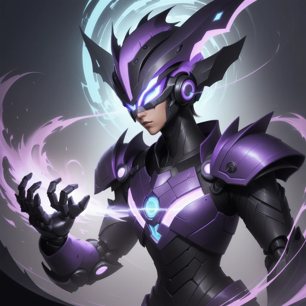 Close-up of a purple and white robot wearing a purple helmet, unknown art style, purple armor, mysterious art style, nocturne from league of legends, avatar image, artifact - free, drawn in lasso style, ethereal and mechanical theme, epic art style, shock, sleek purple armor, The Art of the Future, Discord profile picture