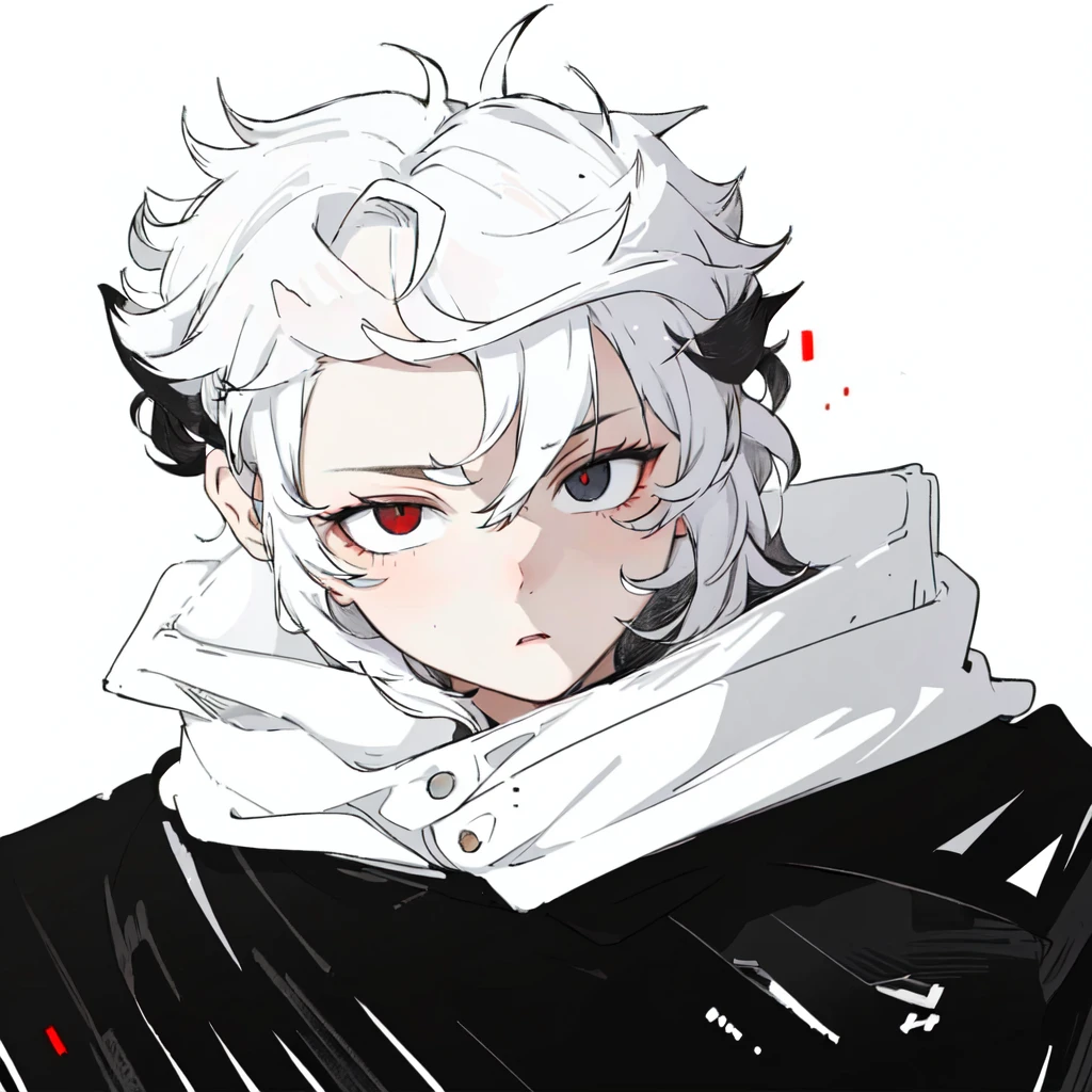 white fluffy messy hair, boy, 1 red pupil 1 black pupil, black and white