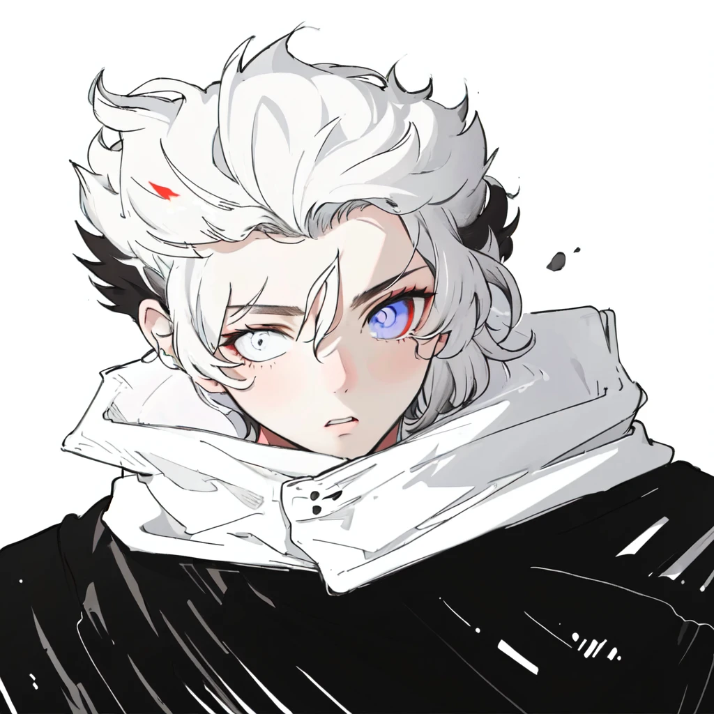 white fluffy messy hair, boy, 1 red pupil 1 black pupil, black and white