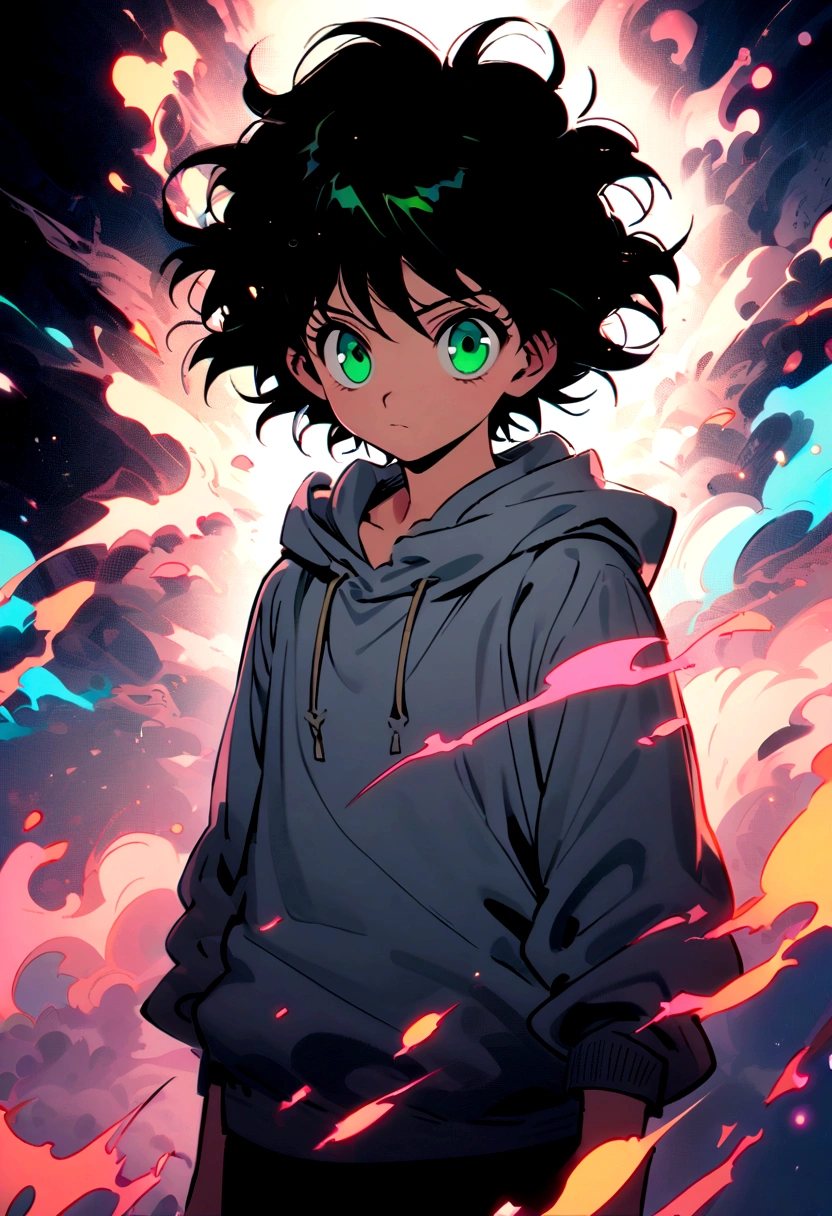 14 year old boy with black short wavy hair and green eyes wearing a grey hoodie in hunter x hunter manga style