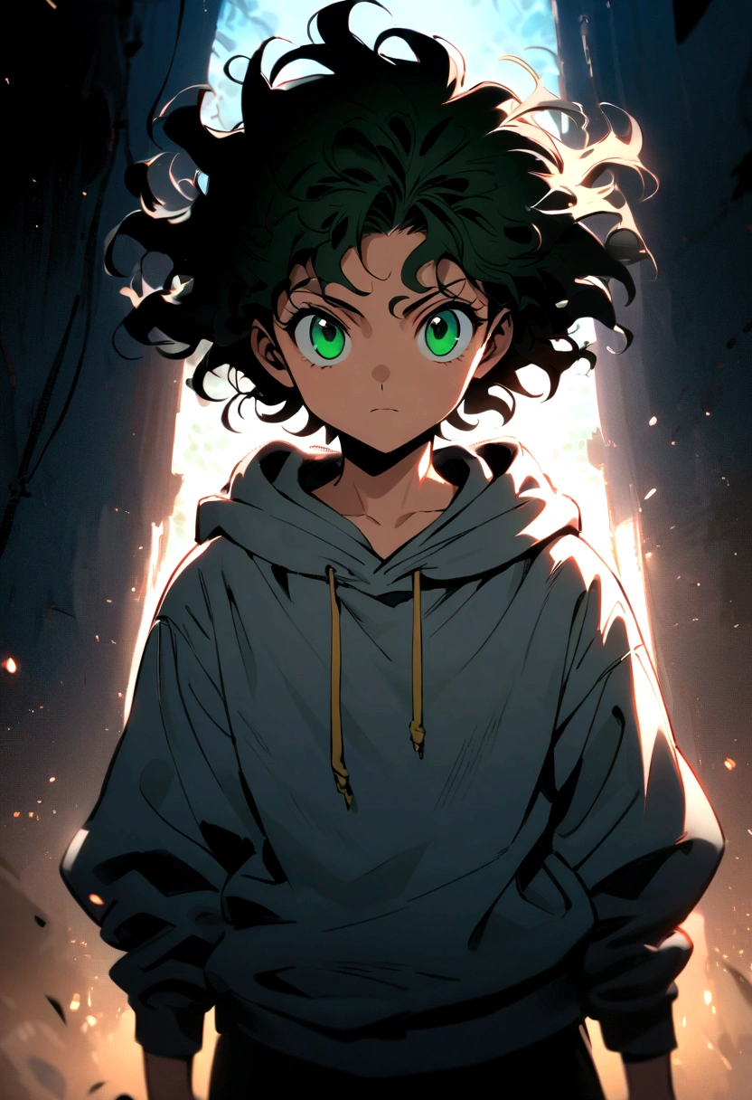 14 year old boy with black short wavy hair and green eyes wearing a grey hoodie in hunter x hunter manga style