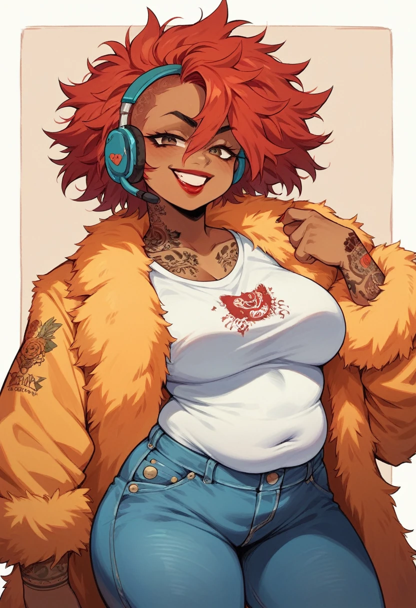 chubby black woman, african skin, redhair, red hair, messy hair, white shirt, orange fur coat, red lipstick, orange headset, orange crown, naughty smile, punk girl, tattoos, jeans black short