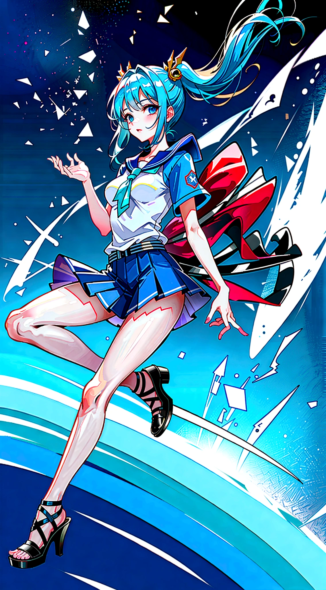 Movement, high resolution Beautiful blue eyes, full body expression, one girl, alone, blue sky background, bright, blue sky, clouds, sunny, youth, youth, blue and white main color, solo focus, love, accessories, beautiful hairstyle, beautiful eyes, gloss High Resolution, Zoom Out, Quality (8K, Highly Detailed, CG Unit Wallpaper, Masterpiece, High Resolution, Best Quality, Best Quality, Surreal, Increase Resolution, Highest Quality, Highly Detailed, Wallpaper, Movie lighting, ray tracing, golden ratio\),
