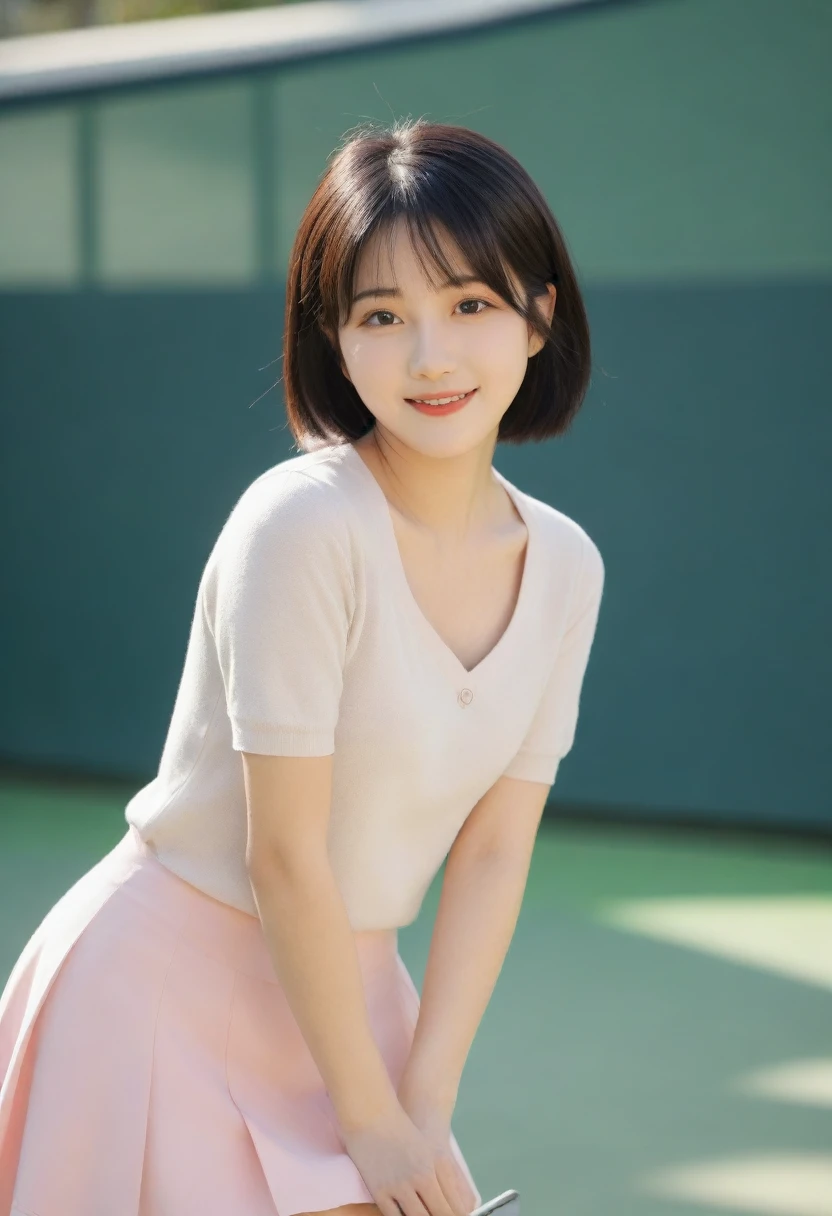8K, Ultra-high resolution, Highest quality, masterpiece, 三分割法によるphotograph,Surreal, photograph, 1 Girl, (:1.3), pretty girl, Cute face, Beautiful eyes in every detail, 細かくdetailedに,masterpiece,, One Girl:1.2, Japan Female Announcer,whole body,(Tennis Wear:1.5),(Tennis court:1.5),Pencil Skirt、Knee socks, Attractive thighs, Sensual,A carefree smile,Heal the heart,Black Hair,Short Bob,Looking at the audience、beauty,Long neck、Laugh a little、Please close your mouth and laugh、(((Ideal body type))),A cup small breasts :2,、Portraiture:2、Perfect Anatomy、鮮明なdetailed、detailed、Surreal、Light and shadow,Strong light
