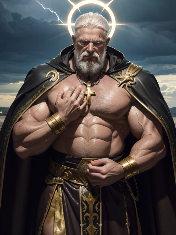 Hyperrealistic image of an old man crying holy blood with his body full of stigmata bleeding with his hands joined in a prayer position from the 1st century AD.c over 80 years old with gray hair and a halo with rays of light on his head body of a super heavy and very handsome bodybuilder with huge flabby pecs and big, pointy nipples very sweaty in a sky of stormy clouds with lightning dressed only in a Roman skirt of leather and gold and a cape and a large cross of gold and jewels on the chest 