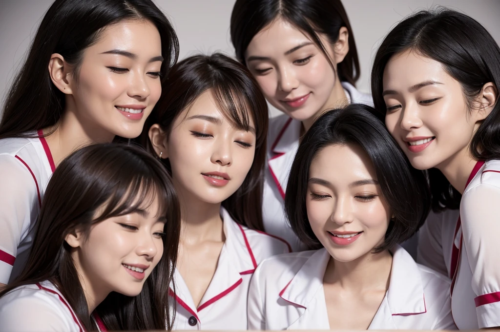 three sexy women in nurse outfits, flirtatious smiles, on bed, closed eyes, opened mouths moaning, close up faces portrait