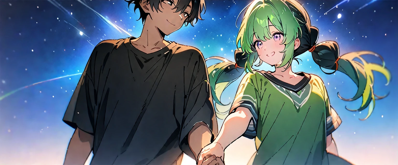 (((masterpiece,Highest quality))),(((A black-haired anime boy reaching out in a daze,A green-haired, twin-tailed anime girl smiling and reaching out))),((Under a star-filled sky)),A boy and a girl are facing each other and holding hands,(high quality),アニメ