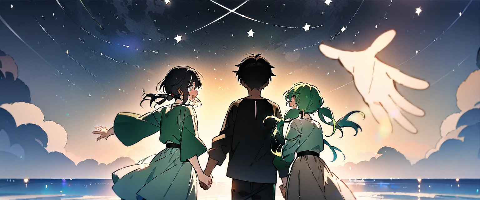 (((masterpiece,Highest quality))),(((A black-haired anime boy reaching out in a daze,A green-haired, twin-tailed anime girl smiling and reaching out))),((Under a star-filled sky)),A boy and a girl are facing each other and holding hands,(high quality),アニメ