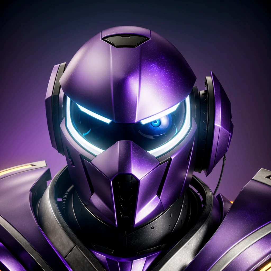 Close-up of a purple and white robot wearing a purple helmet, unknown art style, purple armor, mysterious art style, nocturne from league of legends, avatar image, artifact - free, drawn in lasso style, ethereal and mechanical theme, epic art style, shock, sleek purple armor, The Art of the Future, Discord profile picture