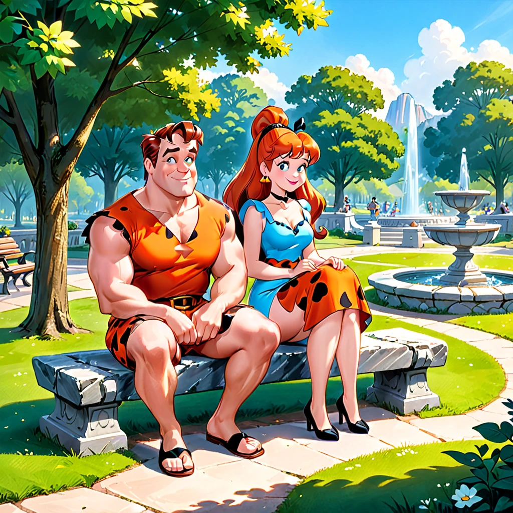 Fred and Wilma Flintstone sitting on a stone bench in the park