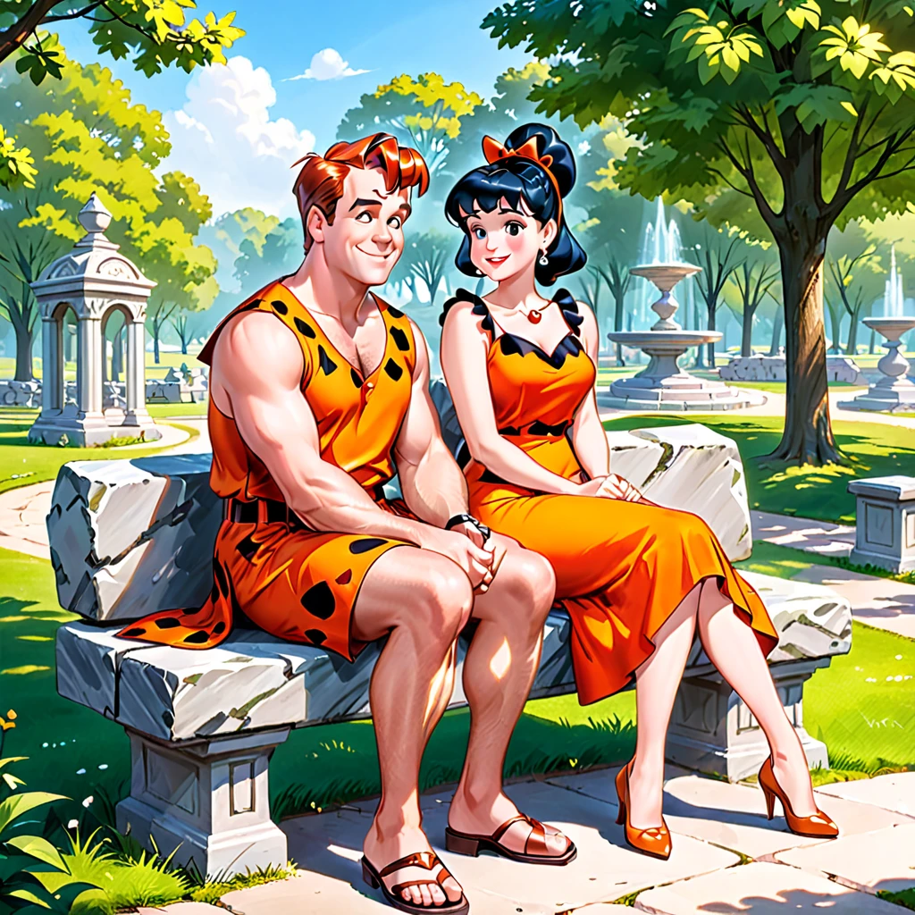 Fred and Wilma Flintstone sitting on a stone bench in the park