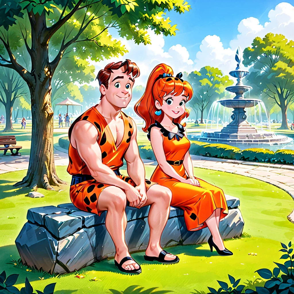 Fred and Wilma Flintstone sitting on a stone bench in the park
