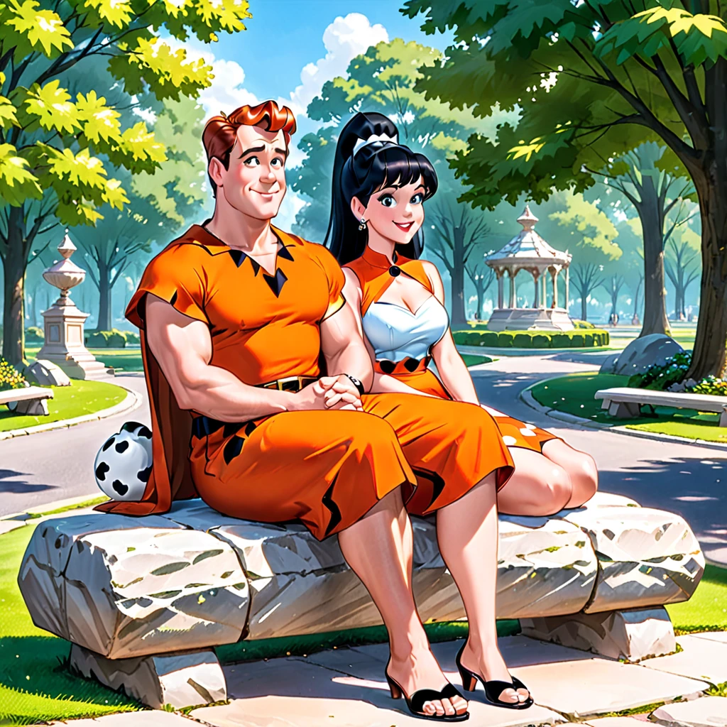 Fred and Wilma Flintstone sitting on a stone bench in the park