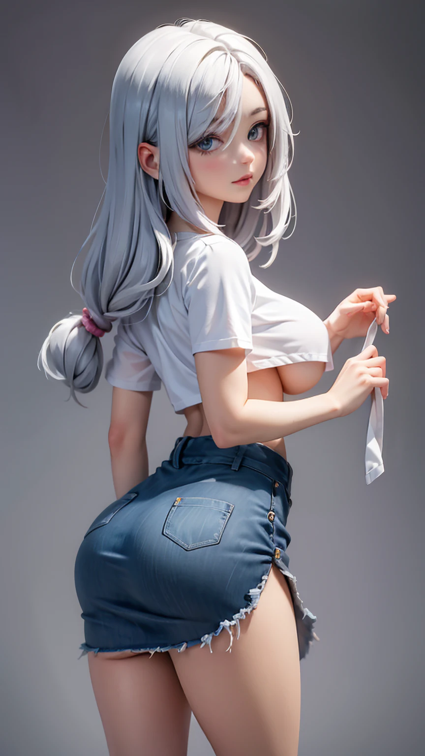 One girl, short t-shirt, skirt nike sneakers, big ass, perfect breast, slim, cute, sexy, very detailed, exquisite lighting and composition, , 8k, sharp, highly detailed, high resolution, looking back