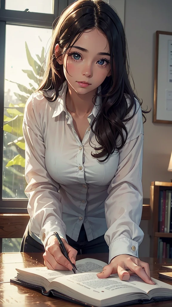 a girl studying at a desk, rain in the window, cute clothes, cozy ambiance, (best quality,4k,8k,highres,masterpiece:1.2),ultra-detailed,(realistic,photorealistic,photo-realistic:1.37),detailed face, beautiful detailed eyes, beautiful detailed lips, extremely detailed eyes and face, long eyelashes, focused expression, indoor setting, warm lighting, window view, rainy day, study room, desk, books, warm colors, soft lighting