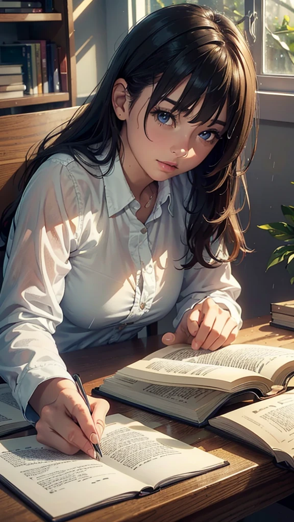 a girl studying at a desk, rain in the window, cute clothes, cozy ambiance, (best quality,4k,8k,highres,masterpiece:1.2),ultra-detailed,(realistic,photorealistic,photo-realistic:1.37),detailed face, beautiful detailed eyes, beautiful detailed lips, extremely detailed eyes and face, long eyelashes, focused expression, indoor setting, warm lighting, window view, rainy day, study room, desk, books, warm colors, soft lighting