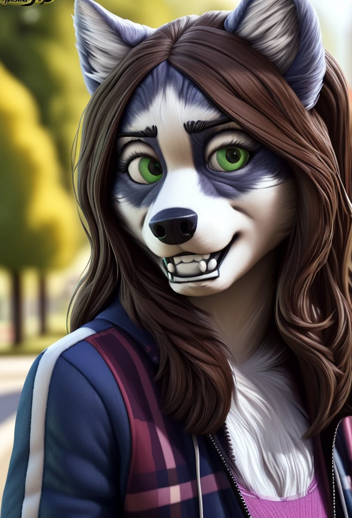 anthro (wolf), female, adult, (friendlyjordies:1.7), portrait, (realistic fur, detailed fur texture:1.2), detailed background, photorealistic, hyperrealistic, ultradetailed, looking at viewer, (best quality, high quality:1.4), jacket, shirt, (Alison Brie:1.4), long hair, female model, green eyes, brown hair,