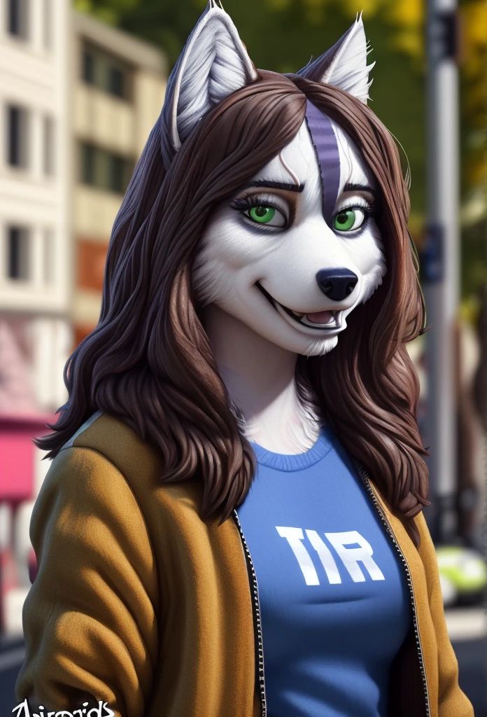 anthro (wolf), female, adult, (friendlyjordies:1.7), portrait, (realistic fur, detailed fur texture:1.2), detailed background, photorealistic, hyperrealistic, ultradetailed, looking at viewer, (best quality, high quality:1.4), jacket, shirt, (Alison Brie:1.4), long hair, female model, green eyes, brown hair,