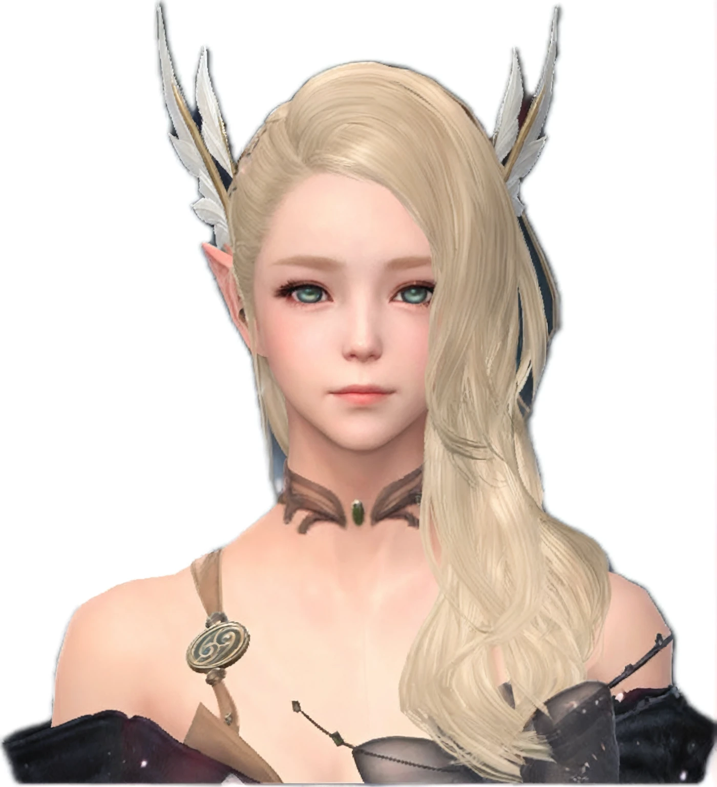 Close-up of a woman with long blonde hair in a dress, Lineage 2 Revolution Style, Final Fantasy 14 Style, Female Elf, elven character with smirk, I will, Female Characters, (((gone crazy))) Elf Princess, Elf Girl, Lalafell, From System 2, FF14, Pale milky porcelain skin, Elf portrait