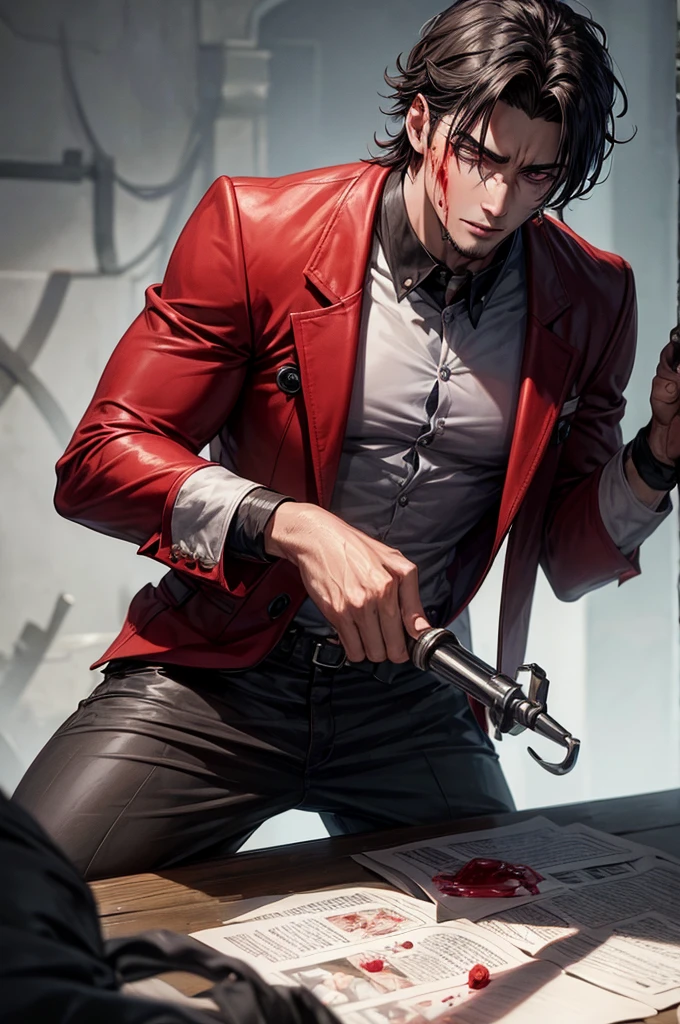 A handsome, brutal young demon with a bloody face.