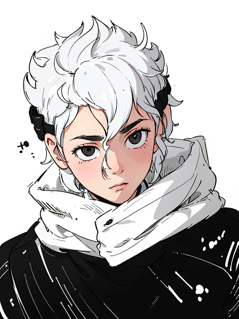 white fluffy messy hair, boy, black and white, staring at viewer
