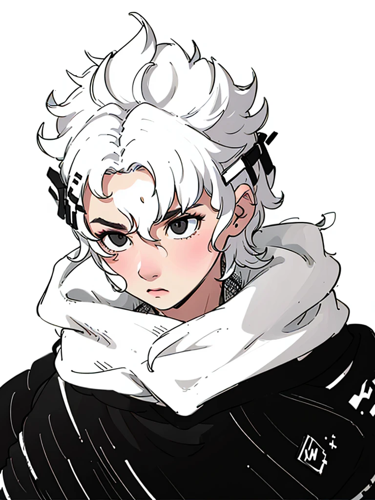 white fluffy messy hair, boy, black and white, staring at viewer