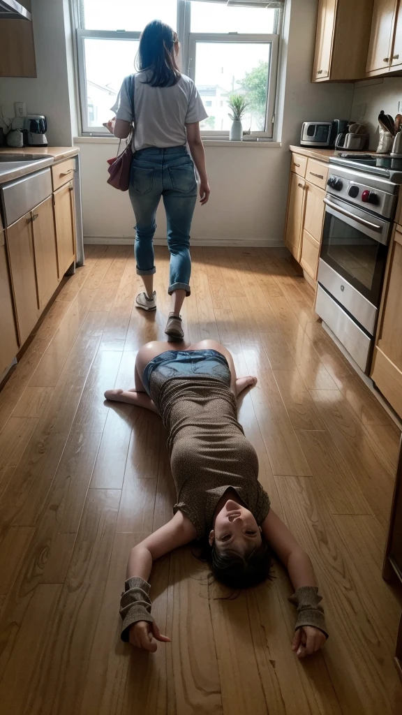 dirty kitchen, food crumbs on the table, cockroach girls walking nearby