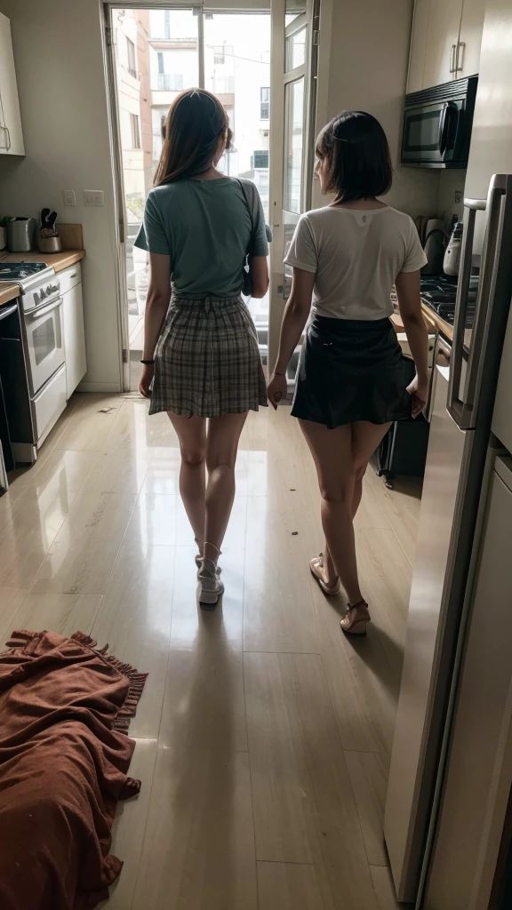 dirty kitchen, food crumbs on the table, cockroach girls walking nearby