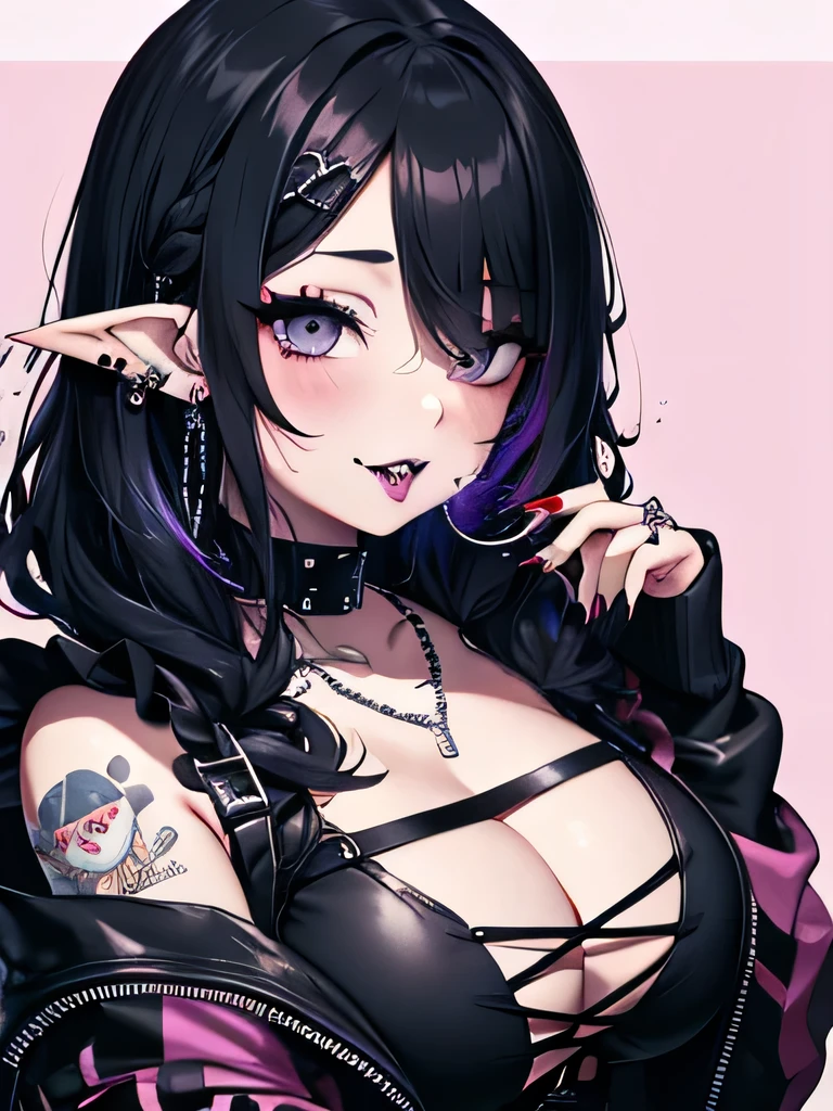 Punk trad goth, Half dark, blue hair, half black, hair, hair is long, hair is styled, ombre hair, split dye hair goth punk outfit, black lipstick, galaxy, night sky, night time, grey eyes, chubby body, chubby girl, elf ears, fangs, pointy ears, fishnet, thigh highs, black outfit, choker, ahegao face, lips are colored black, lipstick black, chubby waist, chubby thighs, thick body, black nails, tattoos, facial piercings, nose piercing, ear piercings, chain jewelry, bracelets, leather jacket, long hair, black lipstick, dark lips, hair length to hips, te illustration, ice cream, sweets, shimmer, iridescent, light particles, cake, strawberries, fruits, dynamic angle, pink theme, glossy, shiny clothes, frills, 8k, smile, 3d, 3dmm, kitchen background, black kitchen, goth theme, Create an anime avatar of a Create an anime avatar of a black lipstick, fangs, Gothic outfit, punk outfit, facial piercings, ear, chain jewelry, choker, piercings, nose piercings, septum in nose, chubby female, chubby person, elf ears, Use the style of anime or Studio Ghibli.