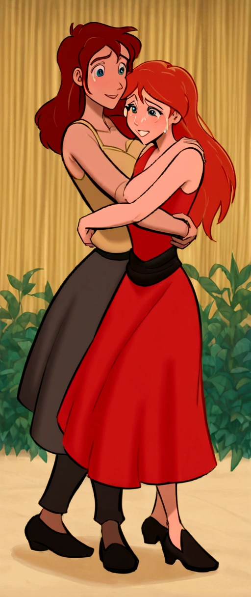 Jane Porter from Disney's Tarzan, white, redhead, with flowing hair, red salsa dress, black corset that covers the entire bust with red details, black dancing shoes, hugging and comforting a crying student who can't dance, school dance room Disney 2d, stylized realism style.