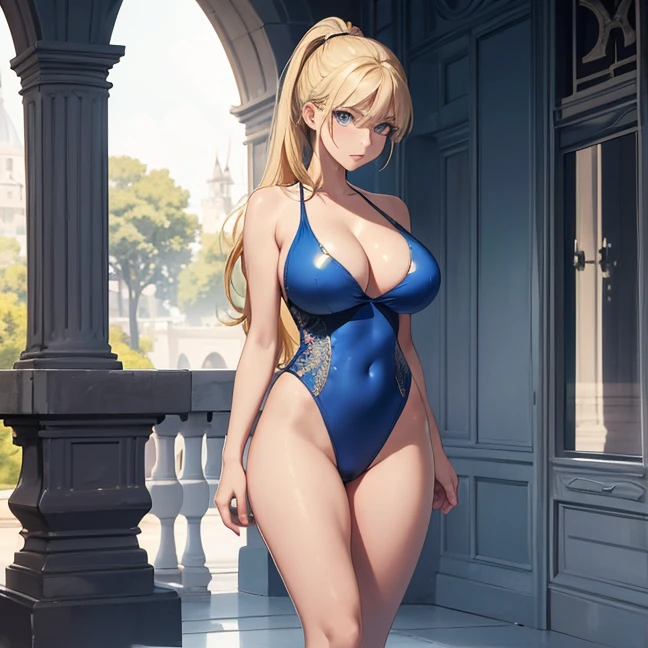 (Absurdres, master piece, best high quality image, very detailed features, very detailed textures, carefuly detailed with no deformed parts in all the artwork), only solo character back view, standing alone.
A 40 years old beautiful woman, she has fair skin, blue eyes, yellow blonde golden long hair tied in a high ponytail with a long crimson ribbon, voluptuous figure, big breasts, beautiful legs, beautiful arms (she wears: ligh blue one-piece swimsuit, cleavage), serious calm expression, she walks relaxed around the palace pool.