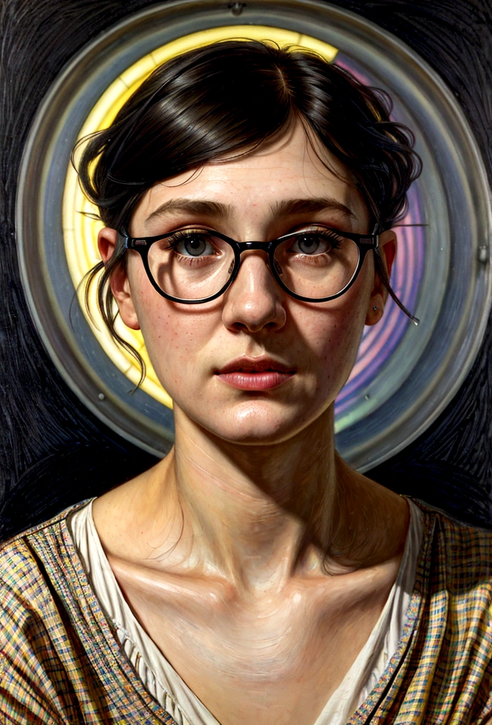 Portrait of a female hyperrealist by David Hockney and Alphonse Mucha, photorealistic, dynamic lighting, art station, poster, volumetric lighting, highly detailed face, 4k, award-winning, 1woman, darkness, deep shadows, low key, portrait, (((((Doctor: 1.4)))), shorthair, black hair, glasses