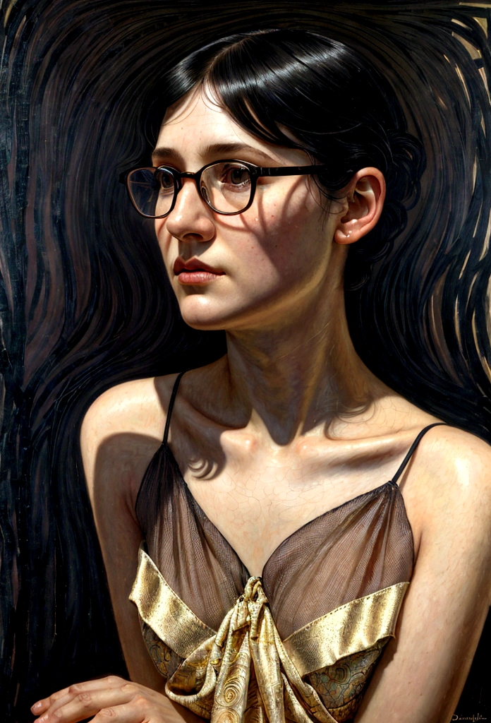 Portrait of a female hyperrealist by David Hockney and Alphonse Mucha, photorealistic, dynamic lighting, art station, poster, volumetric lighting, highly detailed face, 4k, award-winning, 1woman, darkness, deep shadows, low key, portrait, (((((Doctor: 1.4)))), shorthair, black hair, glasses