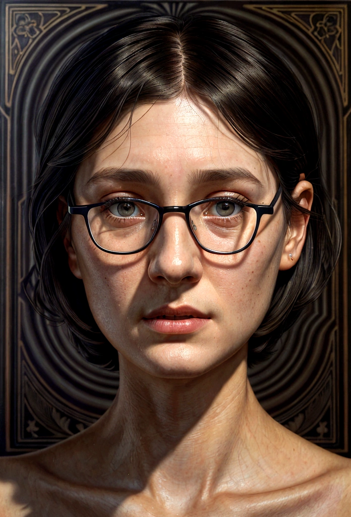 Portrait of a female hyperrealist by David Hockney and Alphonse Mucha, photorealistic, dynamic lighting, art station, poster, volumetric lighting, highly detailed face, 4k, award-winning, 1woman, darkness, deep shadows, low key, portrait, (((((Doctor: 1.4)))), shorthair, black hair, glasses