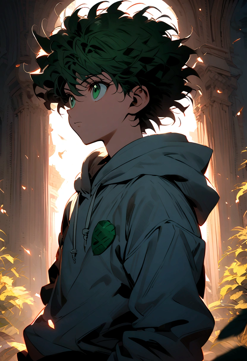 14 year old boy with black short wavy hair and green eyes wearing a grey hoodie in hunter x hunter manga style