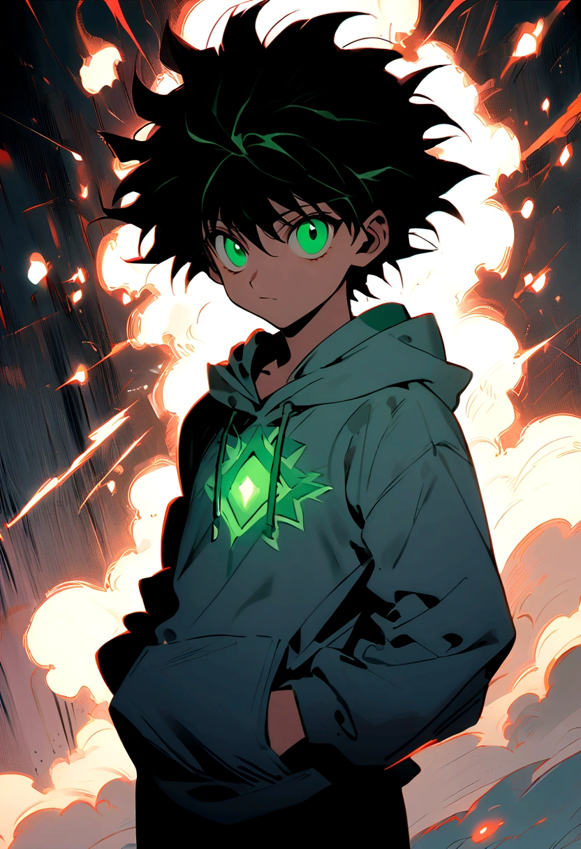 14 year old boy with black short wavy hair and green eyes wearing a grey hoodie in hunter x hunter manga style