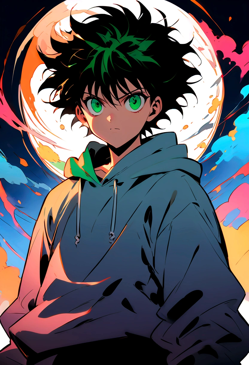  boy with black short wavy hair and green eyes wearing a grey hoodie in hunter x hunter manga style