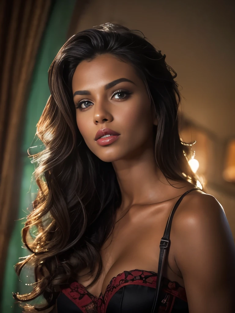 tanned Europe woman, age 23. attractive, clean beautiful skin, dark brown shoulder long hair, lightly curled hair, beautiful detailed eyes, red lips, gorgeous beautiful woman, Wearing a white strapless corset top, cowboy shot, natural lighting. At night.