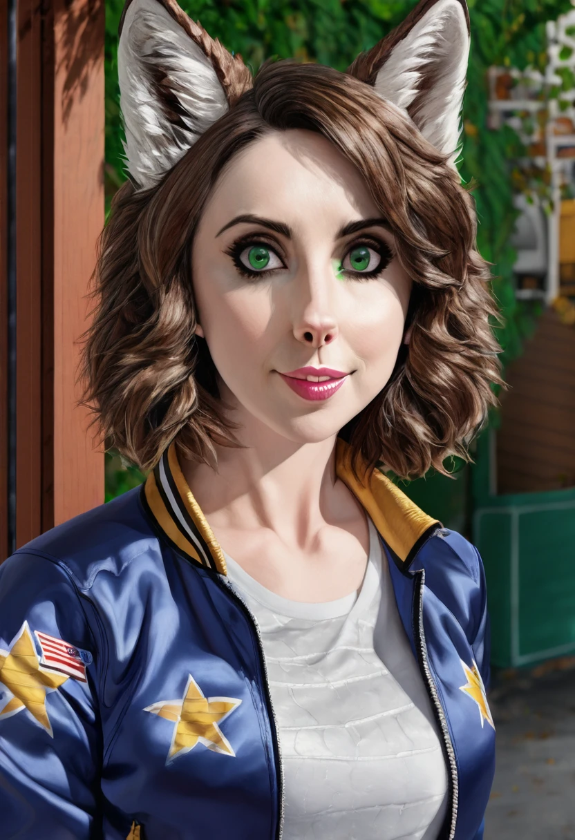 anthro (wolf), female, adult, (friendlyjordies:1.7), portrait, (realistic fur, detailed fur texture:1.2), detailed background, photorealistic, hyperrealistic, ultradetailed, looking at viewer, (best quality, high quality:1.4), jacket, shirt, (Alison Brie:1.4), long hair, female model, green eyes, brown hair,