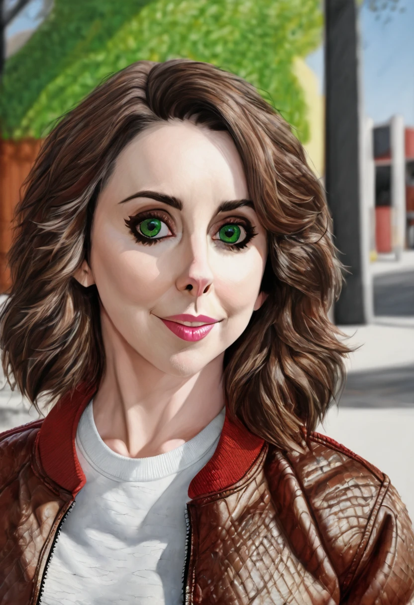 anthro (wolf), female, adult, (friendlyjordies:1.7), portrait, (realistic fur, detailed fur texture:1.2), detailed background, photorealistic, hyperrealistic, ultradetailed, looking at viewer, (best quality, high quality:1.4), jacket, shirt, (Alison Brie:1.4), long hair, female model, green eyes, brown hair,
