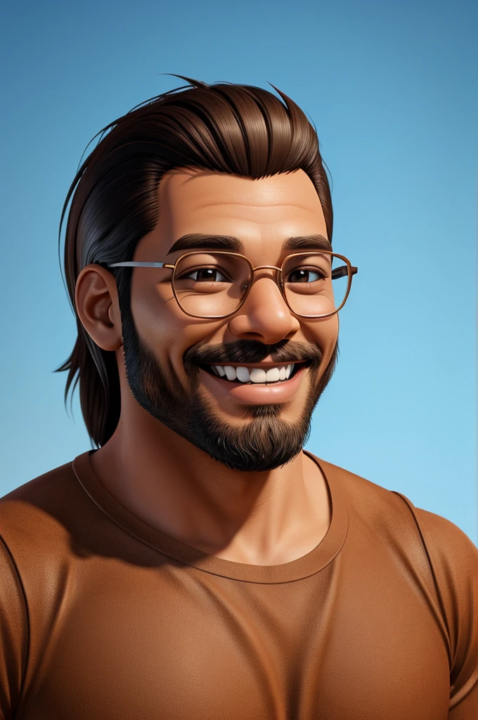 Illustration of a smiling man, A sickly smile, Brown-skinned man,The smile is bright, happily smiling at the camera, cheeky smile, whaitbeard,Long hair, thick glasses, he's smiling, very huge smile, smiling male, avatar profile picture, Smile with a bright smile, Draw in 3D art style, C4D, with a pure white background, Disney style, Pixar-style rendering illustrations in super detail, 8K