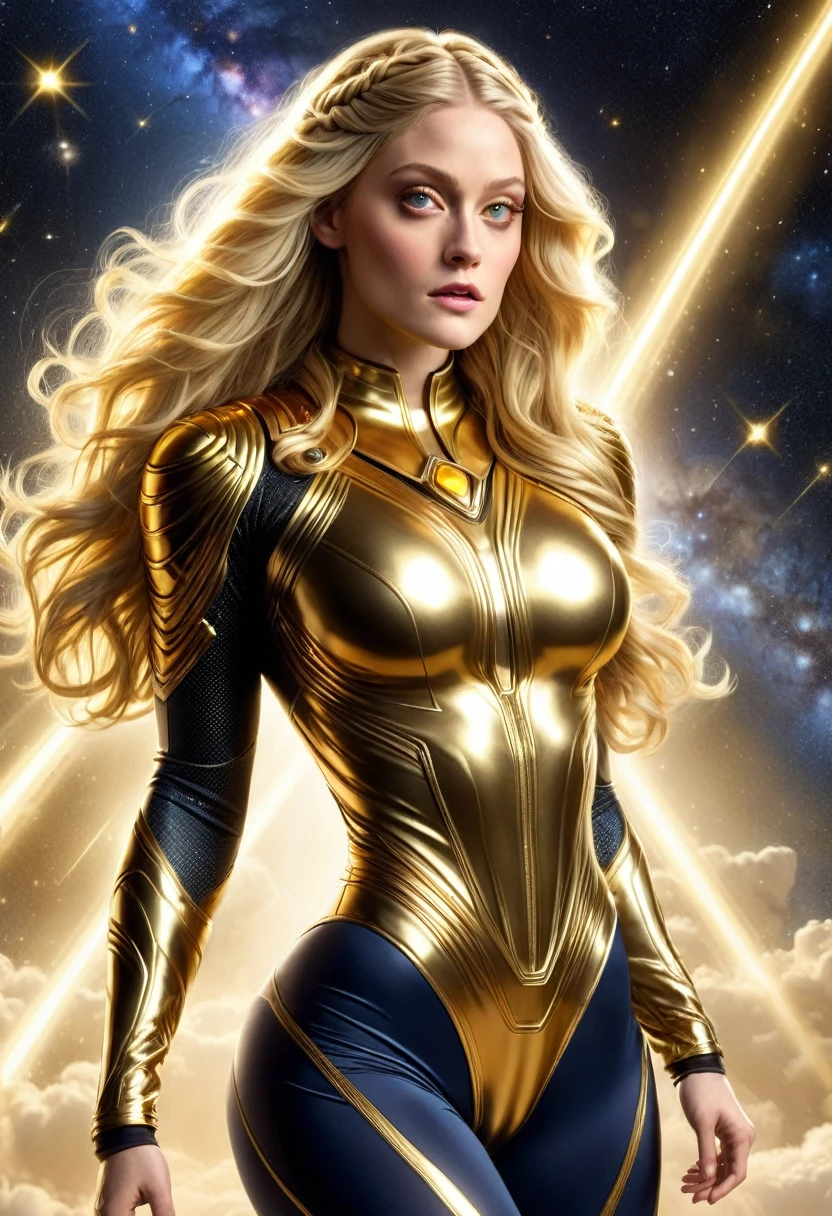 BOMBSHELL OLIVIA TAYLOR DUDLEY AS A BLONDE VALKYRIE FLYING OUTERSPACE, , PALE SKIN, YELLOW EYES, HIGH CHEEKBONES, ROSY CHEEKS, MENTAL FORAMEN, HUGE LONG HAIR, DOUBLE BRAIDED HAIR, GOLD THONG LEOTARD ARMOUR, LONG SLEEVES, GOLD UNDER BODYSUIT, GOLD NECK BODYSUIT, LONG GOLD GAUNTLETS, ATHLETIC CURVY BODY, DETAILED QUADRICEPS, MUSCLES, SIDE BODY VIEW, , GOLD SHOES, GOLD FLAT BOOTS, FULL BODY PERSPECTIVE, SPRITE LIGHTINGS, OUTERSPACE, RAYS OS LIGHT, SUN, BACK LIGHTS, NIGHT SKY, ACCURATE IMAGE, MASTERPIECE.