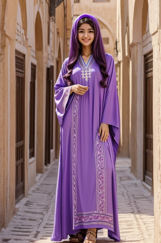 A Korean-Algerian girl wearing an Algerian kaftan. She is 24 years old. Her hair is light purple with dark locks. Her body is perfect. Her height is average, about 161 feet. She smiles at the camera. Idol in a photo session.