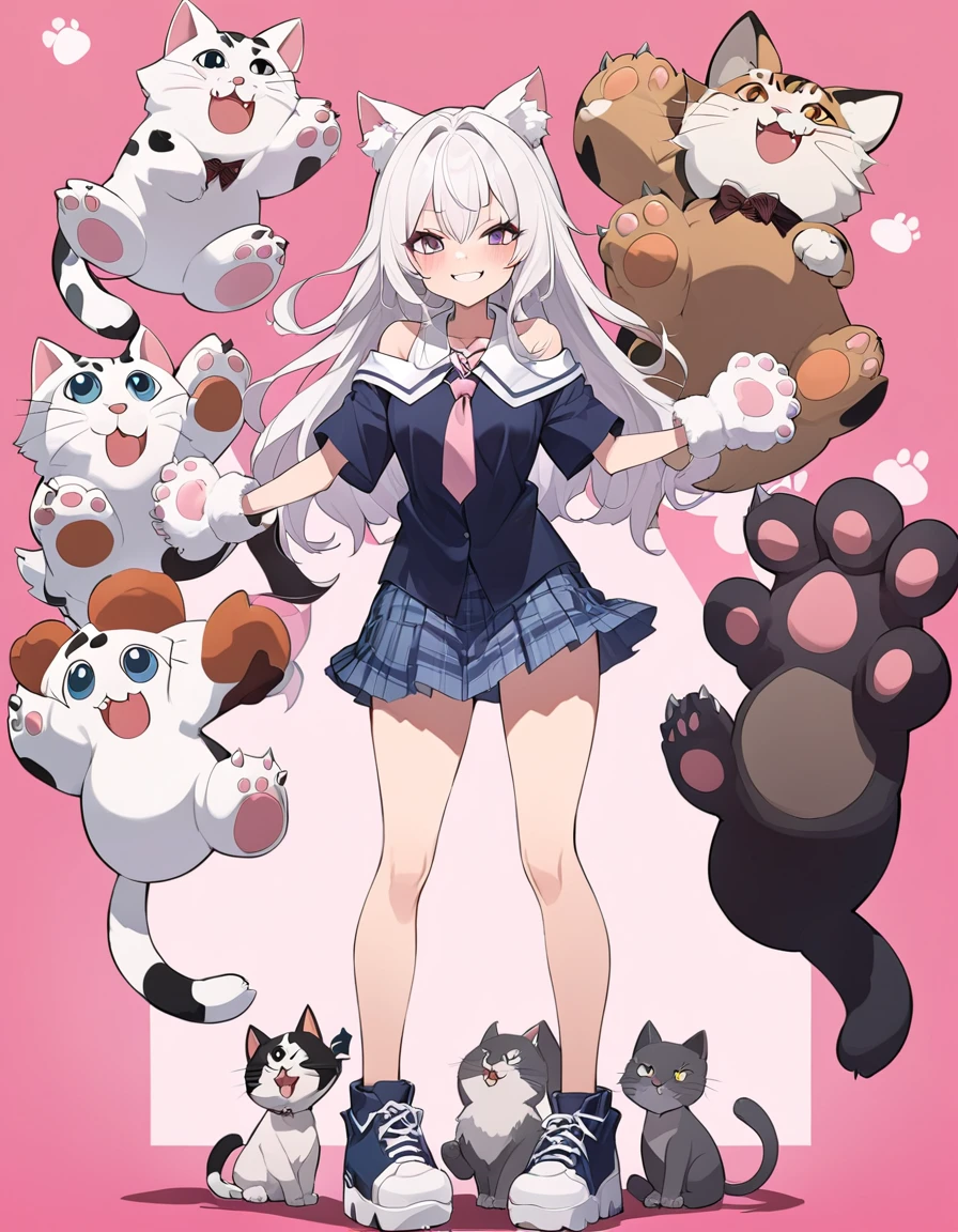 Anime masterpiece, one beautiful catgirl with white hair wearing a school dress and ((big cat paw plush gloves)) with two big cat plush friends. The girl have loose shirt with loose long necktie, off-shoulder shirts, and cute mini skirt. 
She have cute face neko details, a roaring smile, and is in a playful playing pose with cat-like roaring with a pow higher than the other one. The scene in anime style, with pink flat background. Nearly Full body composition