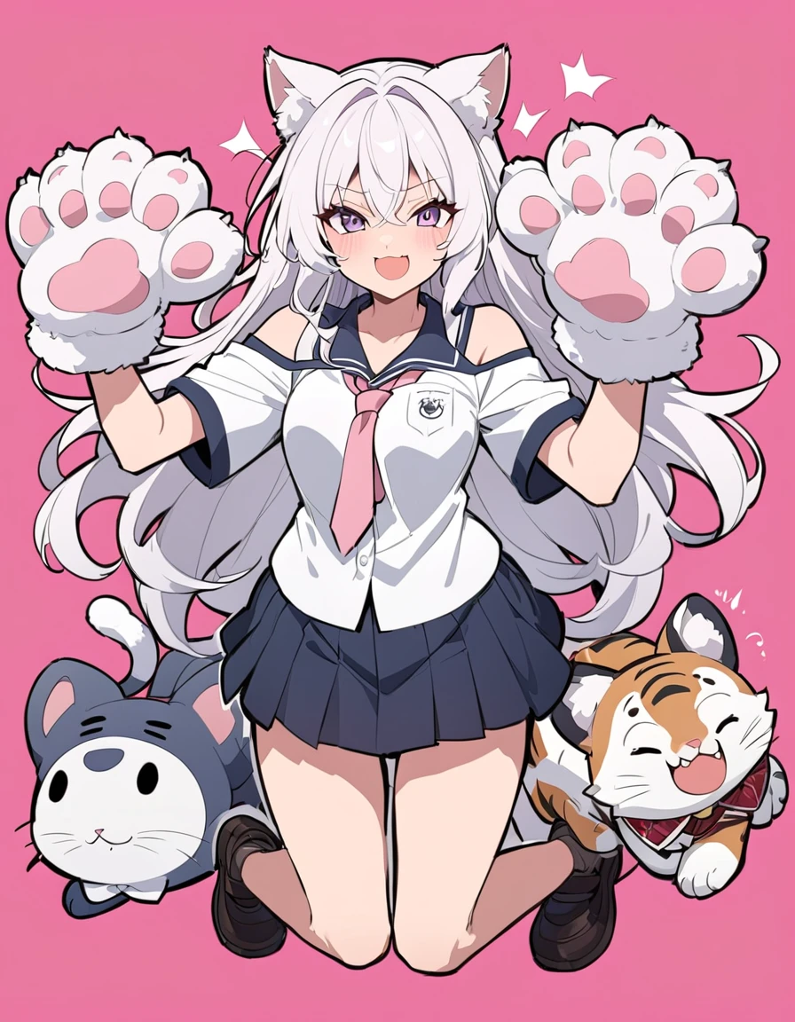 Anime masterpiece, one beautiful catgirl with white hair wearing a school dress and ((big cat paw plush gloves)) with two big cat plush friends. The girl have loose shirt with loose long necktie, off-shoulder shirts, and cute mini skirt. 
She have cute face neko details, a roaring smile, and is in a playful playing pose with cat-like roaring with a pow higher than the other one. The scene in anime style, with pink flat background. Nearly Full body composition