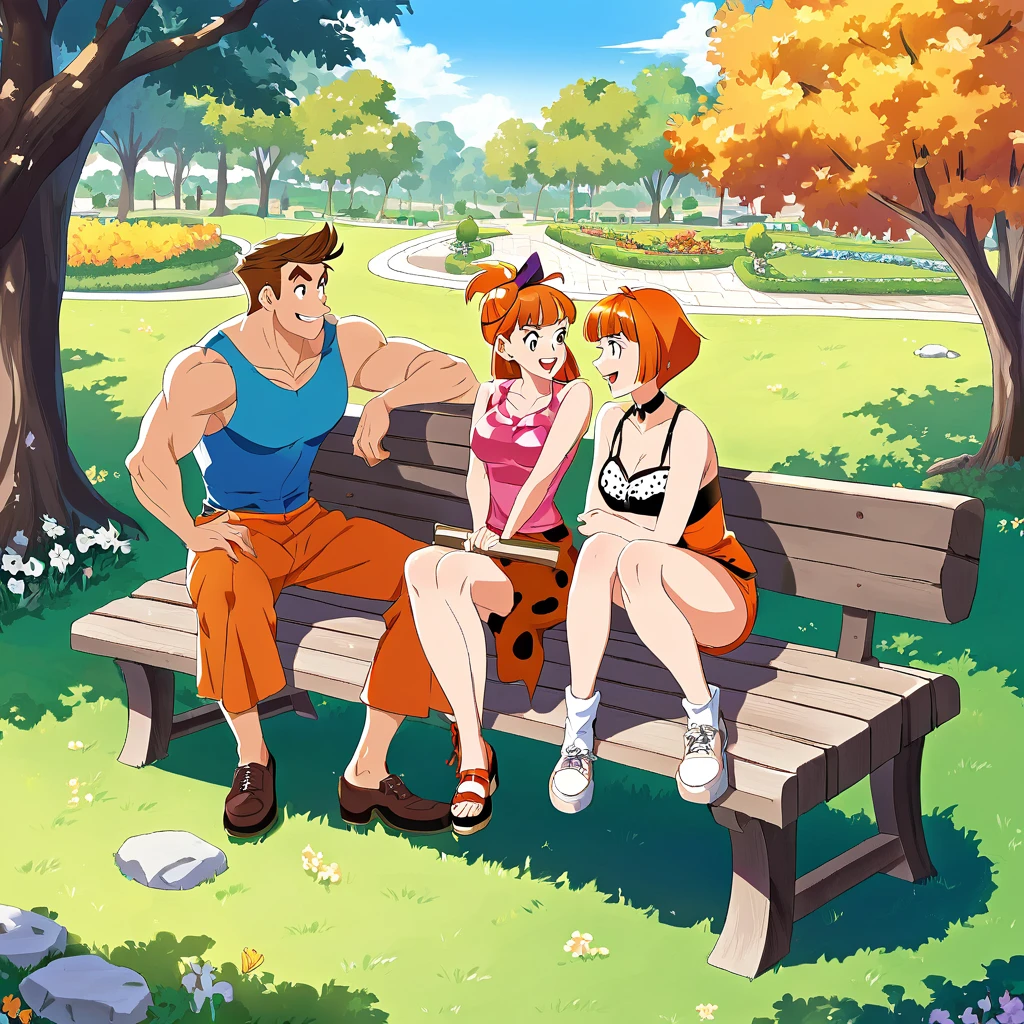 Fred and Wilma Flintstone sitting on a stone bench in the park